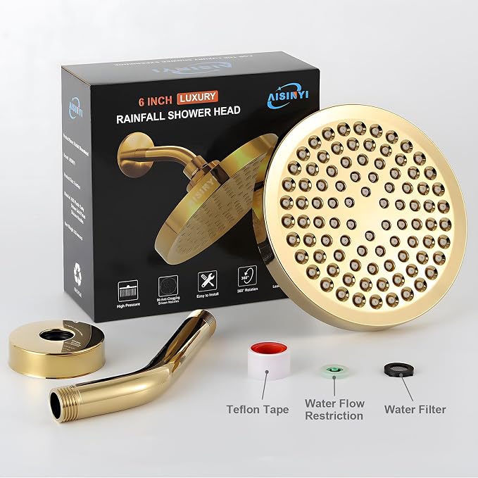 High Pressure Rainfall Shower Head, 6 Inches Showerhead with Perfect Adjustable Replacement, Removable Restrictor, Easy Installation for Your Bathroom Shower Heads (Deluxe Gold + Shower Arm)