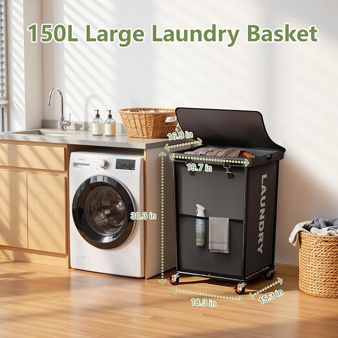 Laundry Hamper with Wheels and Lid, 150L Large Rolling Laundry Basket Gray | Heavy Duty Clothes Organizer, Sturdy Metal Frame, Lockable Swivel Casters, Removable Bag, For Bedroom, Bathroom, Laundry Room