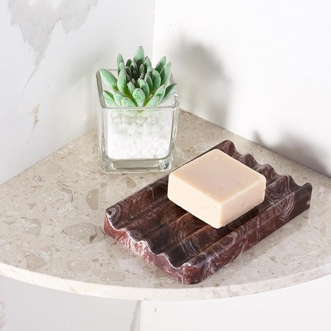 Natural Marble Soap Dish for Shower, Red Marble Soap Tray for Bathroom, Bar Soap Holder for Sink, Stripe Grooves Saver Stone Soap Dish Keep Soap Bars Dry Easy Clean(Red Storm)