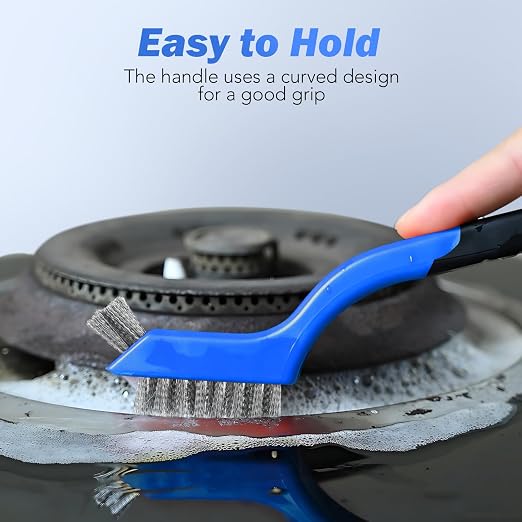 Wire Brush Set, 6 Pcs Stainless Steel/Brass/Nylon Wire Brushes | Blue, 7" Total Length for Tight Spaces, For Cleaning with Curved Handle Grip for Rust Removal, Dirt, Paint Scrubbing