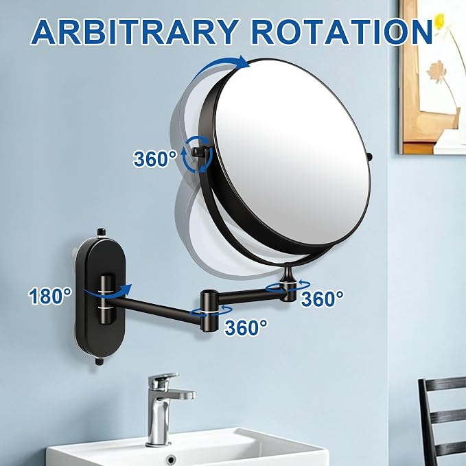 8“ Suction Cup Makeup Mirror Wall Mounted No Drilling, 1X/10X Magnifying Mirror Wall Mounted Makeup Mirror Swing Arm 360° Rotation, Wall Mount Powerful Suction Cup for Bathroom & Shaving Black