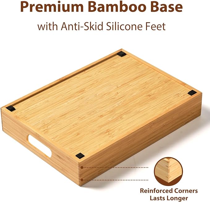 Large Bamboo Food Container Lid Organizer for Kitchen Cabinet | Adjustable slots - Premium bamboo, pretty color - Sturdy versatile caddy for snack, spice in drawer - Anti-Skid Silicone Pads