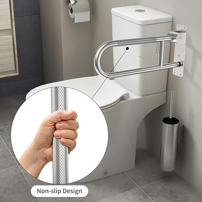 Toilet Grab Bar 24 Inch, YuanDe Brushed Nickel Anti-Slip Support Rail | U Shaped Flip-Up Grab Bar with Paper Holder, Stainless Steel Knurled Handicap Safety Handrails for Disabled Elderly Pregnant