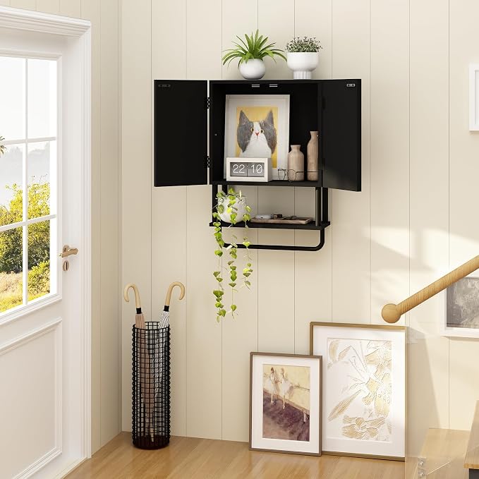 RUSTOWN Fluted Bathroom Wall Cabinet with 2 Doors, 3-Tier Medicine Cabinet | Modern Farmhouse Wall Mounted Cabinets, Over The Toilet Storage Cabinet, Adjustable Shelf and Towel Bar, Small