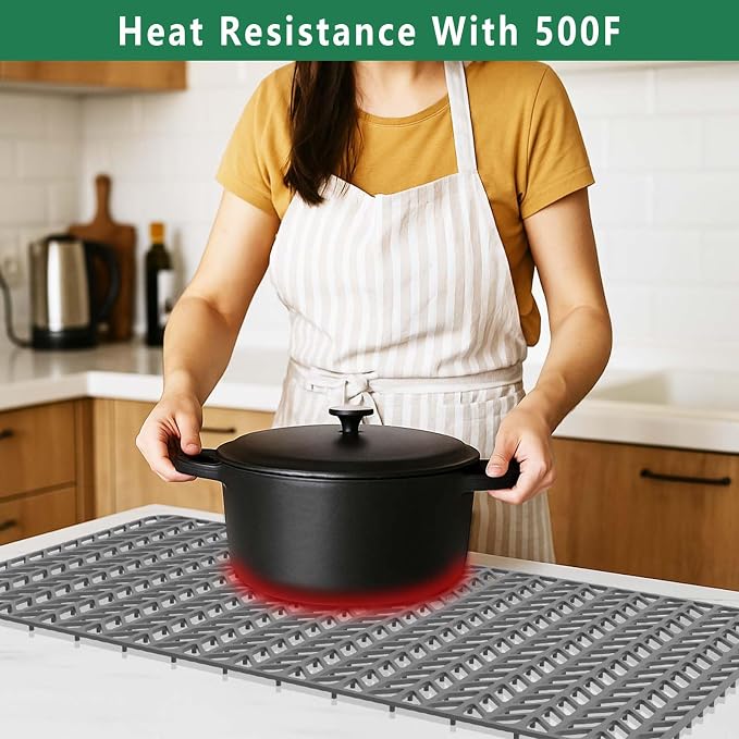 GUUKIN Sink Protectors for Kitchen Mat -30"x 16" Silicone Kitchen Sink Mat Grid for Bottom of Farmhouse Stainless Steel Porcelain with Rear Drain（Grey