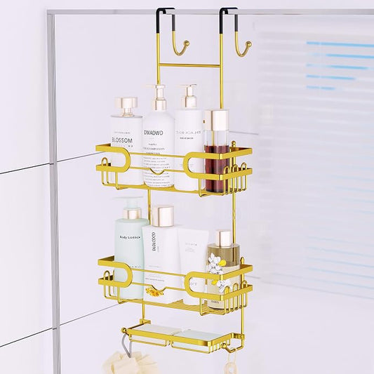 SWTYMIKI Over the Door Shower Caddy Hanging with Double Soap Holder, Hanging Shower Organizer with 16 Hooks, No Drilling Shower Shelves Over Door, Bathroom Rack and Storage, Gold