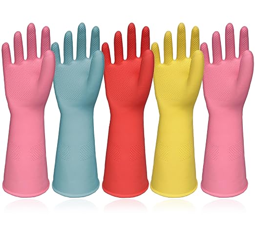 Cleaning Gloves Dishwashing 5 Pairs Reusable Non Slip Rubber Kitchen Small | 12.6-Inch Cuff, Textured Anti-Skid Palm Grip, Soft Skin-Friendly Rubber, 4-Color for Multi-Use, Easy Pull-On Flexible Fit