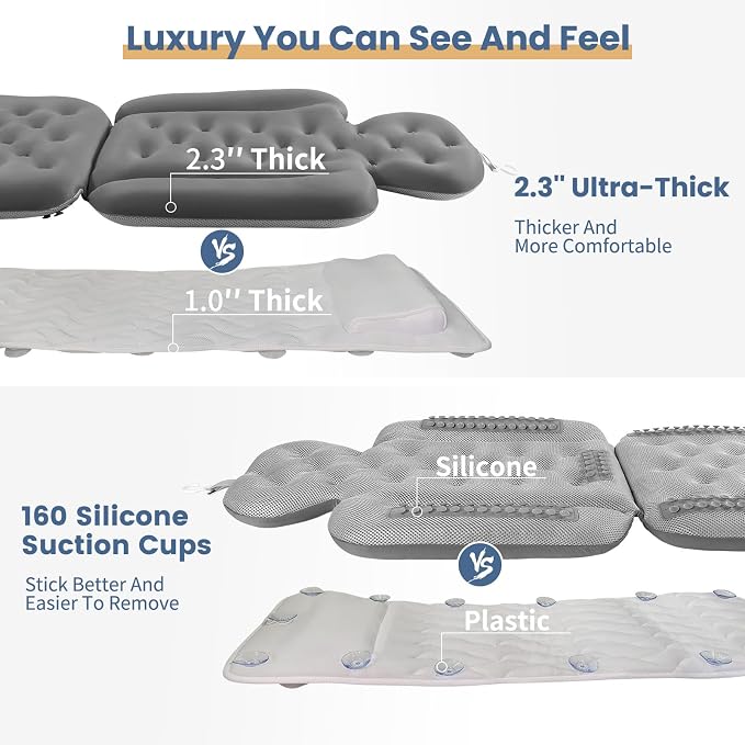 Bath Cushion, Full Body Bathtub Pillow with 160 Suction Cups, Bath Mat for Head and Neck Support, with Laundry Bag (Dark Gray, 56" x 16")