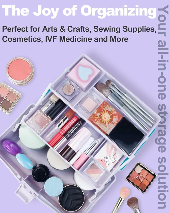 TERGOO 12in 3-Layer Plastic Craft Organizers and Storage, Portable Folding Tackle Box with Handle & Adjustable Dividers, Multipurpose Case for Sewing, Art Supplies, Medicine, Tools (Purple Blue)