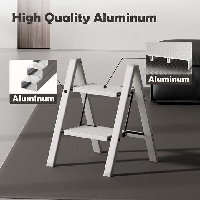 Taranta 2 Step Stool Foldable,Aluminum Step Ladder-Misty Gray | Lightweight,Wide Anti-Slip Pedals,Folding Step Stool,330lbs Capacity for Household,Kitchen,Office