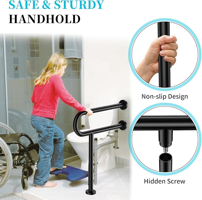Toilet Support Rail 24x28 Inch, Munzong Anti-Slip Black Handicap Grab Bar | Folding Stainless Steel Knurled Safety handrails with Leg for Bathroom Elderly Disabled Pregnant-1.25’Tube