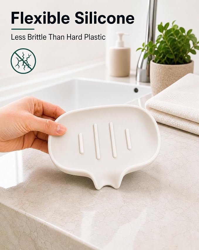 3 Pack Soap Bar Holder, AIMAIAIMAI Self Draining Soap Dish, Quick Drainage, Soap Dishes for Bathroom, Shower, Silicone Soap Tray for Kitchen, Dishwasher Safe (White)