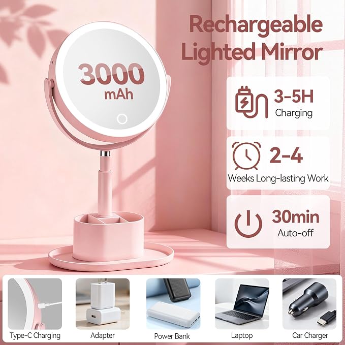20X Magnifying Mirror with Lights and Storage, Double Sided Vanity Mirror | Rechargeable Makeup Mirror, 3 Color Lighting, Fast Charge and Long-lasting Work, Height Adjustable, Memory Function, Pink