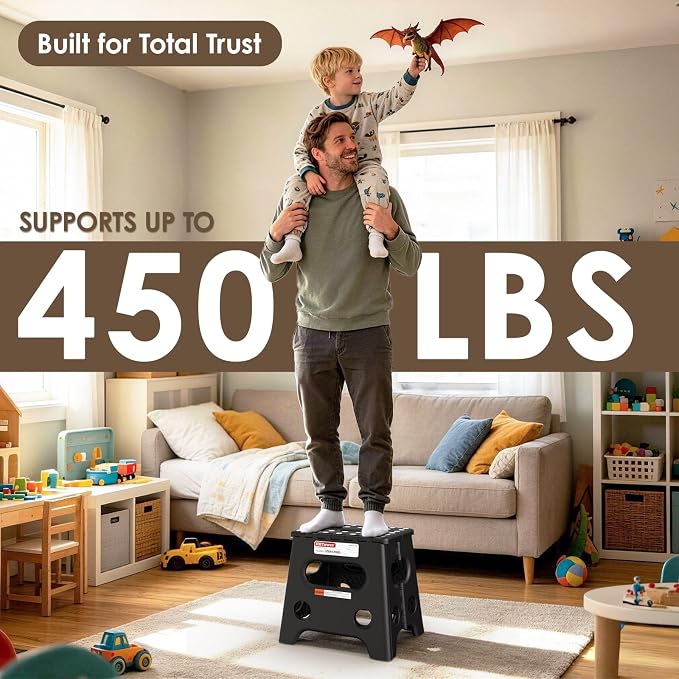 HBTower 13 Inch Folding Step Stool, 450LBS Capacity with Safety Lock, Black | Portable Foldable Stools,Non-Slip Surface,Built-in Handle,Heavy Duty Foot Stool for Adults & Kids,Home, Indoor & Outdoor Use