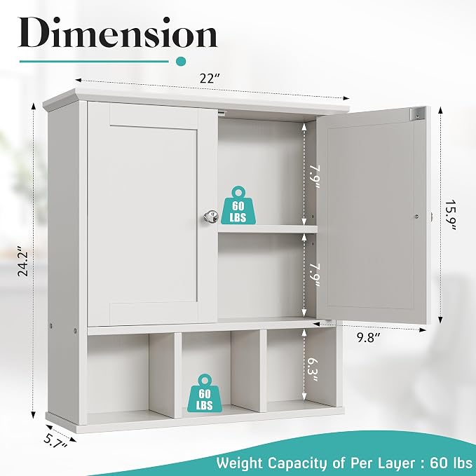 Bathroom Wall Cabinet, Bathroom Cabinet Wall Mount with 2 Doors and 3 Open Shelves, Over the Toilet Wood Medicine Cabinets, White