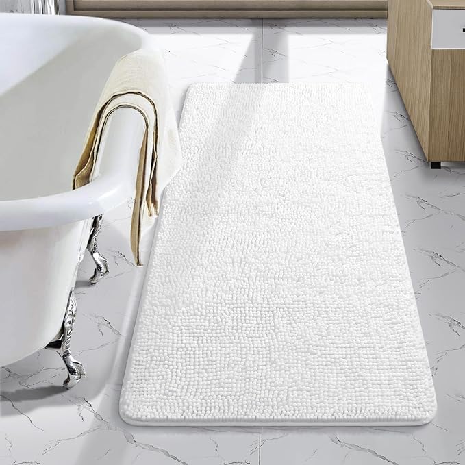 LOCHAS Luxury Bathroom Rug Shaggy Bath Mat 24 x 48 Inch, White | Washable Non Slip Bath Rugs for Bathroom Shower, Soft Plush Chenille Absorbent Carpets