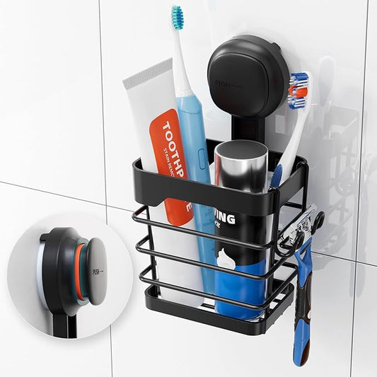 TAILI Suction Cup Toothbrush Holders with Visible Safety Indicator, Black | Wall Mounted, Visible Safety Indicator, Inverted Trapezoid Design Bathroom Organizer Removable for Tooth brush and Toothpaste