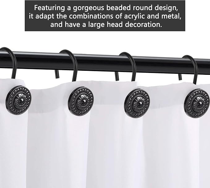 Black Shower Curtain Hooks, Rust Proof Decorative Shower Curtain Rings for Bathroom, Shower Curtain Hooks for Shower Liner, 12Pcs | Rustproof Zinc Alloy,4mm wire holds 50lb,5-layer anti-rust coating,Smooth Glide, Easy Install,For Bathroom,12Pcs
