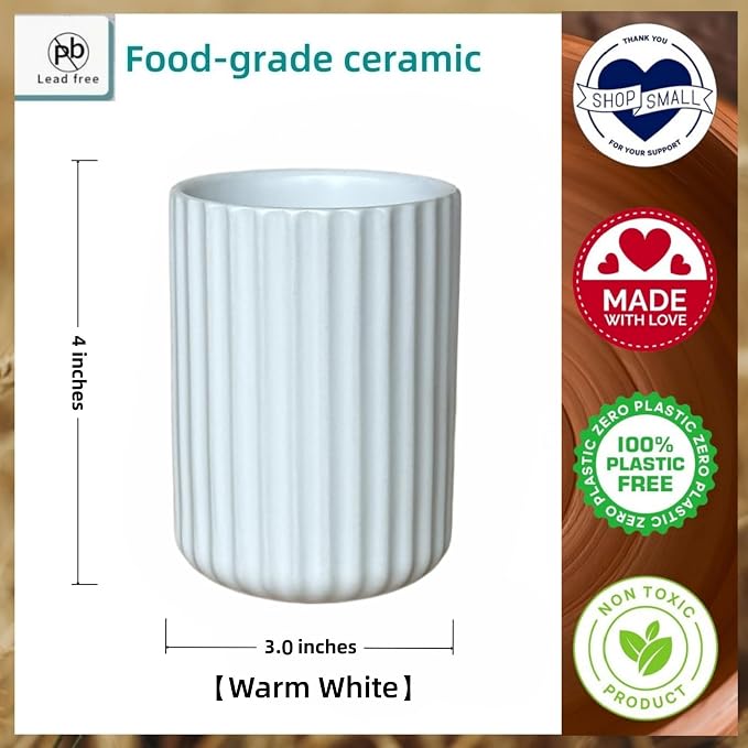 Stoneware Toothbrush Holder for Bathroom Tooth Brush Holder for Bathroom Toothbrush Cup Toothbrush Holders Cute Fluted Vertical Ribbed Stripe (Matte White)