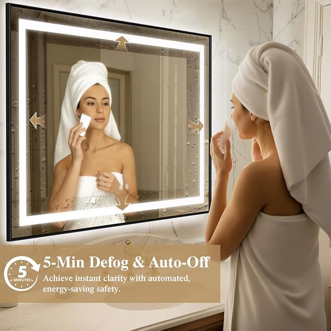 55X36 Inch LED Bathroom Mirror with Lights, Black Frame Frontlit+ Backlit Bathroom Vanity Mirror for Wall, Ultra-Clear Tempered Glass, Shatter-Proof, Anti-Fog and Memory Function, ETL Listed