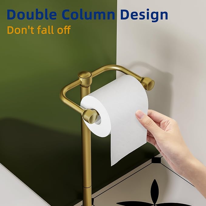 RUACQ Bathroom Toilet Paper Holder Stand, Brushed Gold | Dual-Post Pivoting Free Standing Toilet Roll Holder with Weighted Base, Anti-drop Design 304 Stainless Steel Tissue Stand