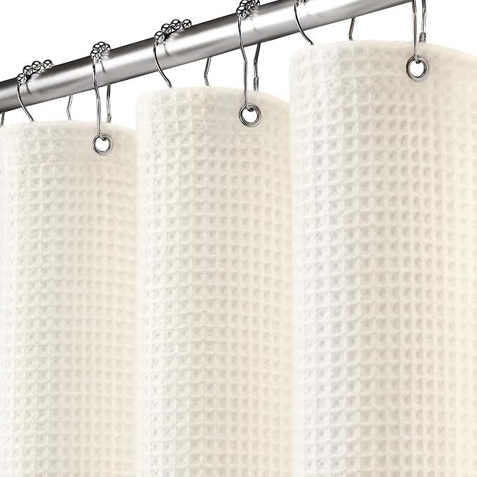 Long Waffle Weave Shower Curtain Heavyweight Cotton Fabric Ivory 72Wx78L | Soft Cotton Cloth,3D Square Truely Waffle,Washable, Hotel Luxury Spa, Shower Curtains for Narrow Bathroom 12 Plastic Hooks