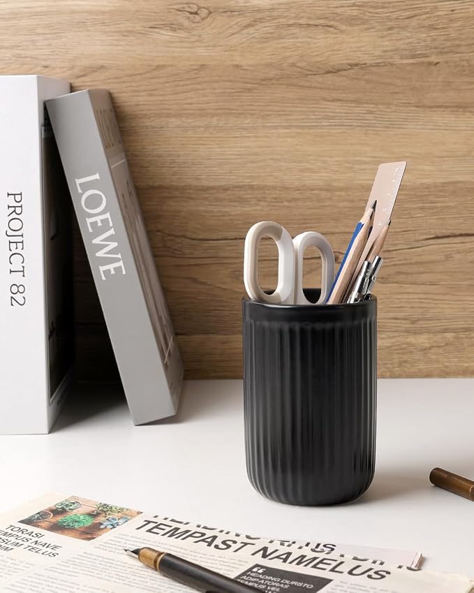 BosilunLife Ceramic Toothbrush Holder - 12oz Bathroom Toothbrush Holder Tooth Brush Holders Tumbler Cups Reusable Toothbrush Mouthwash Cup Small Toothbrush and Toothpaste Holder, Striped Black