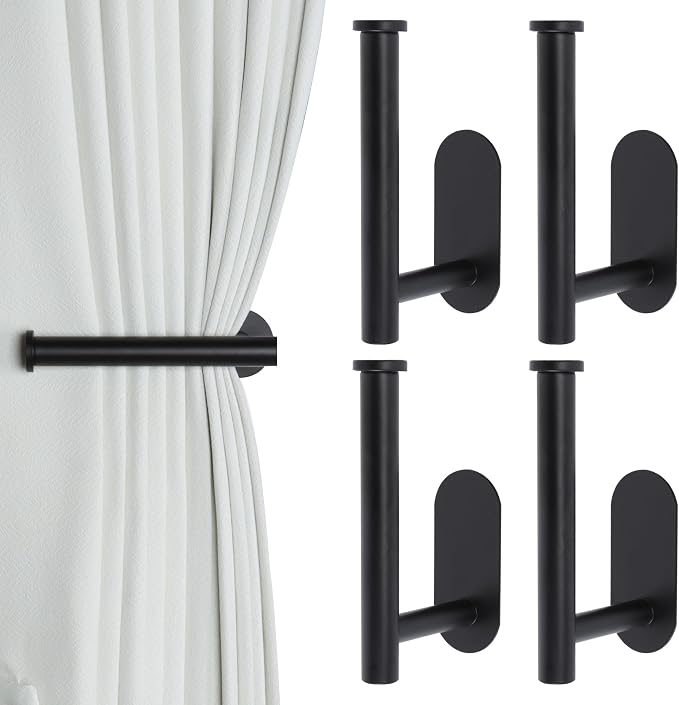 Groleca Adhesive Curtain Holdbacks, Curtain Tiebacks, 4 Pack, Black | No Drill Tie Backs Hooks for Drapes, Metal Curtain Holders, Damage-Free Wall Mounted, Strong Adhesive