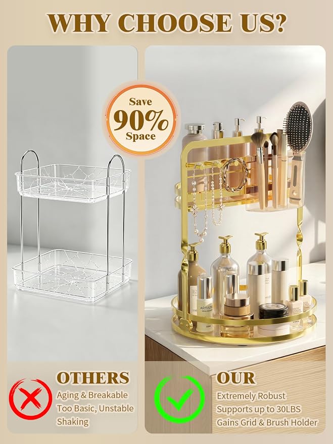 360° Rotating Makeup Organizer for Vanity, Gold Bathroom Organizer | 2-Tier Perfume Organizer with Makeup Brush Holder & Jewelry Hooks,Spinning Counter Shelf Storage for Perfume Skincare Dresser
