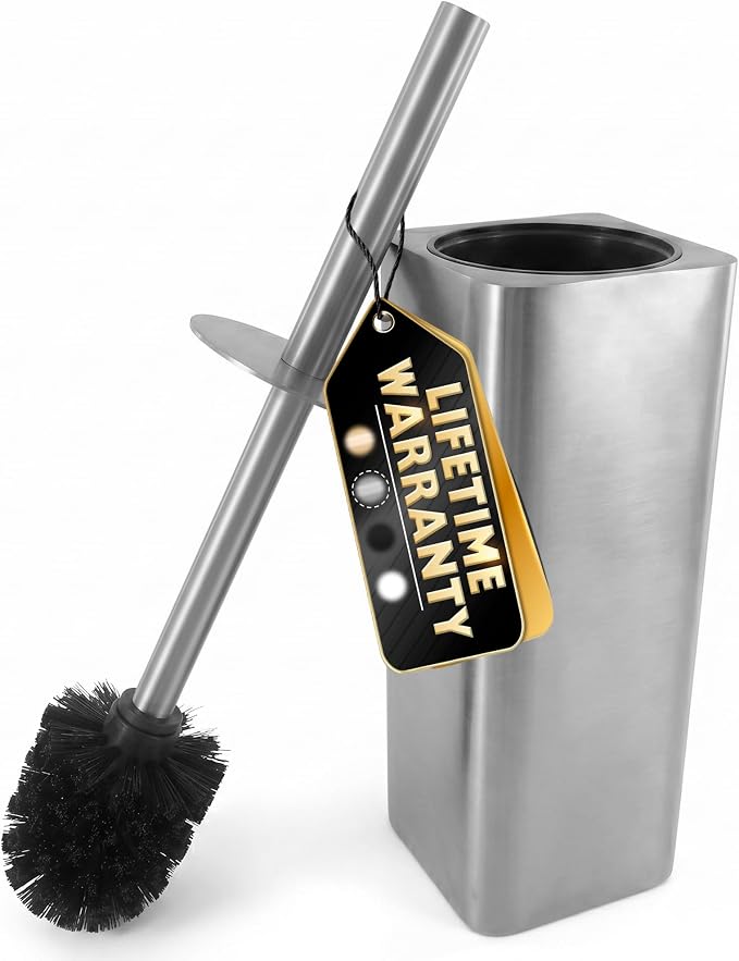 Toilet Brush and Holder Set, Stainless Steel, Replaceable Head (Silver) | Stainless Steel Toilet Bowl Brush and Holder with 2 Rounded Corners, Removable Inner Bowl & Splash Guard Cover