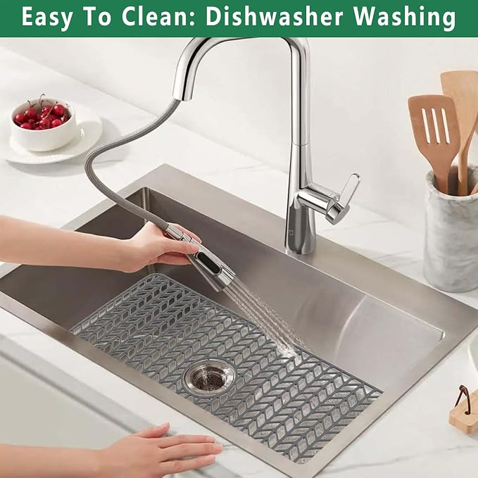 GUUKIN Sink Protectors for Kitchen Mat - 29.7“x15.5” Silicone Kitchen Sink Mat Grid for Bottom of Farmhouse Stainless Steel Porcelain with Center Drain（Grey）