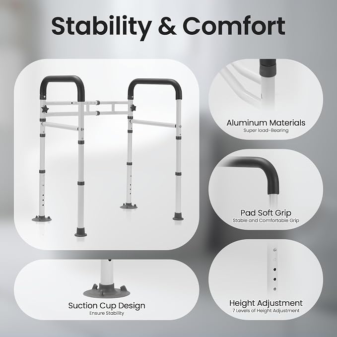 Careboda Toilet Safety Rails, Toilet Frame for Seniors, 300lbs Capacity | Foldable Toilet Handles, Toilet Rails Adjustable for Elderly & Disabled, Non-Slip Foot Mats, Easy to Store, Fit Most Toilets
