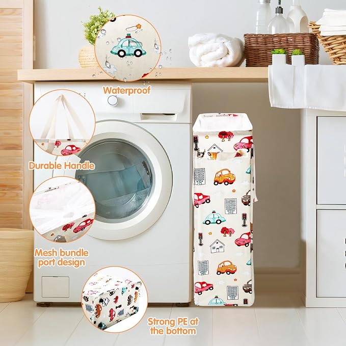 Odonata Slim Laundry Hamper Handles Collapsible Laundry Basket Thin Dirty Clothes Basket Narrow Laundry Bag Foldable Dirty Hamper 48L (Car)