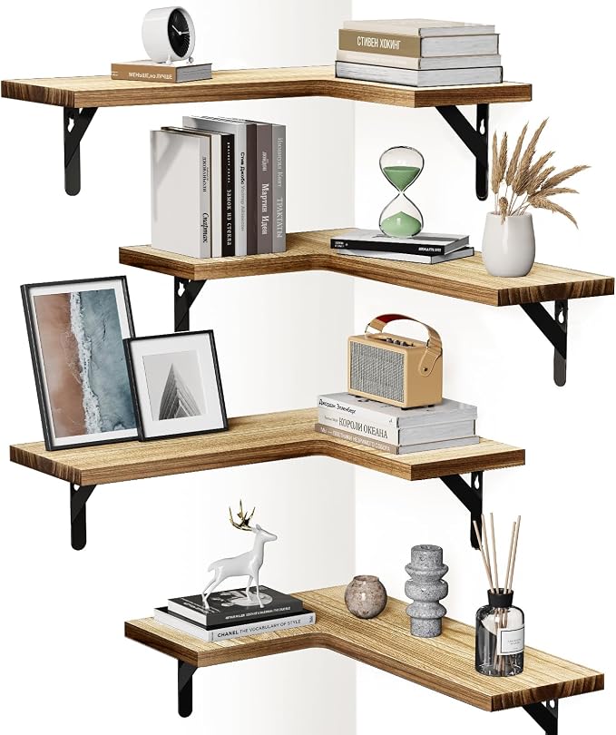 Amada Corner Floating Shelves, Paulownia Wood, Set of 4, Natural Wood | Corner Wall Shelves with Triangular Metal Bracket, 44 lbs Capacity per Shelf, L-Shaped Design for Bathroom, Laundry Room