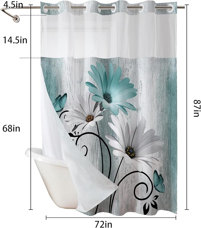 Hookless Shower Curtain with Snap in Liner, Teal No Hook Shower Curtains for Bathroom，Shower Curtain and Liner Set for Bathroom Decor,Waterproof & Washable,72W x 87L Inch