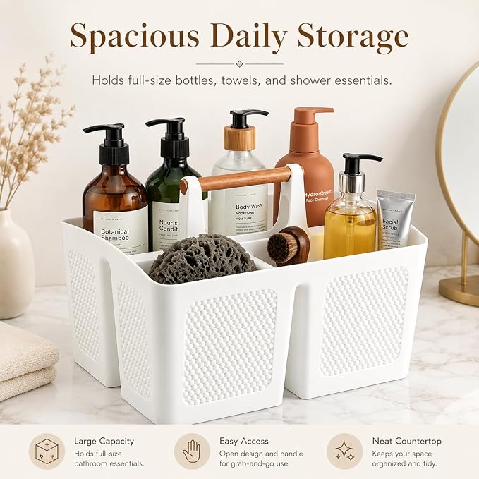 Plastic White Shower Caddy Basket with 3 Compartments, Portable Divided Bathroom Cleaning Caddy Organizer Storage Tote with Handle for Dorm, College, Room Essentials