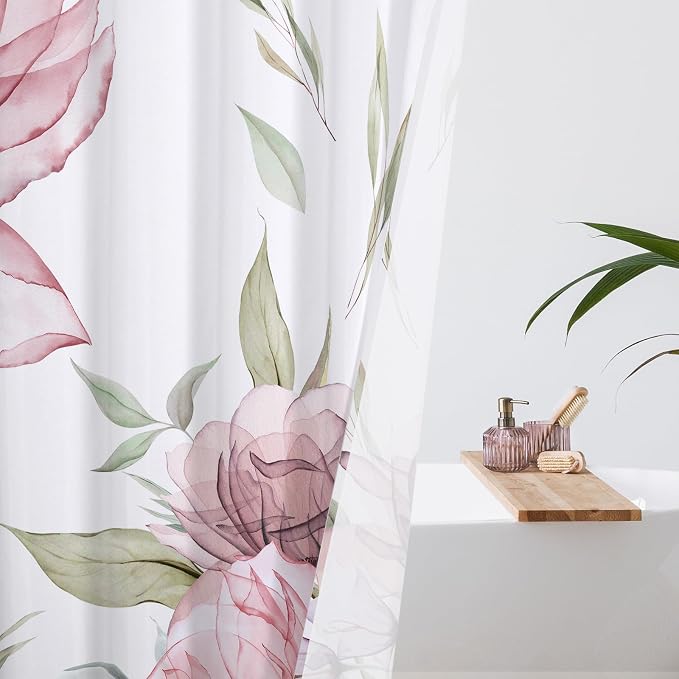 Litabel Long Boho Watercolor Floral Shower Curtain 72 x 78, Pink and Grey Ink Painting Style Flower Shower Curtains for Chic Elegant Bathroom, Artistic 78 Inch Long Fabric Shower Curtain