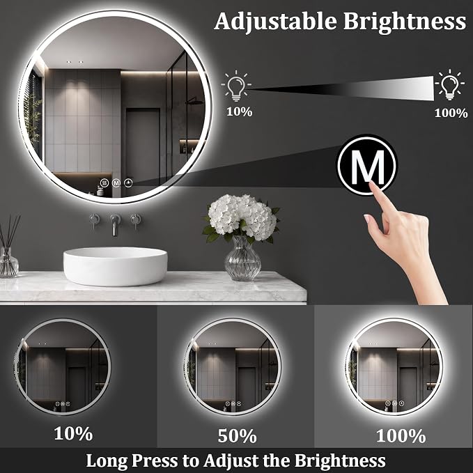Round LED Bathroom Mirror, 22 Inch, HD Shatterproof Tempered Glass | Lighted Bathroom Mirror with Dimmable Lights Bathroom Mirror with Lights for Wall, 3 Color Temperatures