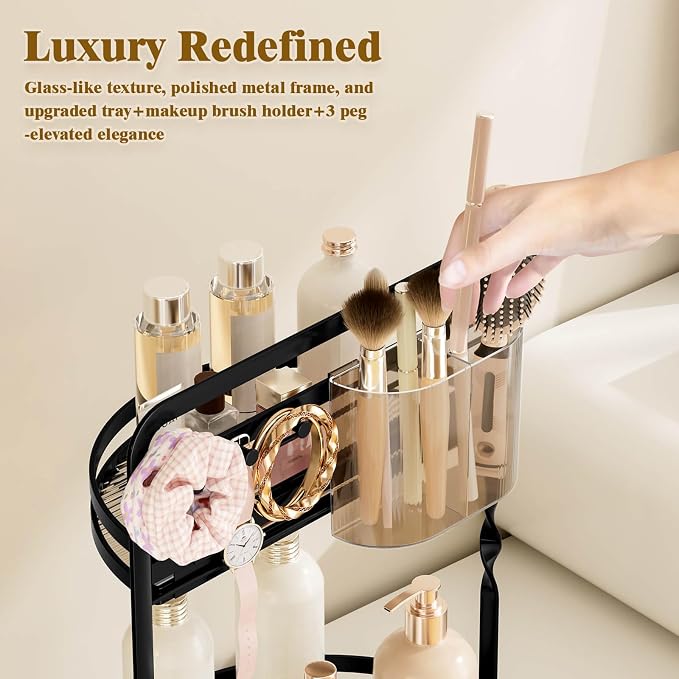 360 Rotating Makeup Vanity Organizer,Black 2-Tier Perfume Organizer | Bathroom Countertop Organizer, Lazy Susan Vanity Tray Spinning Skincare Storage with Jewelry Hooks & Makeup Brush Holder