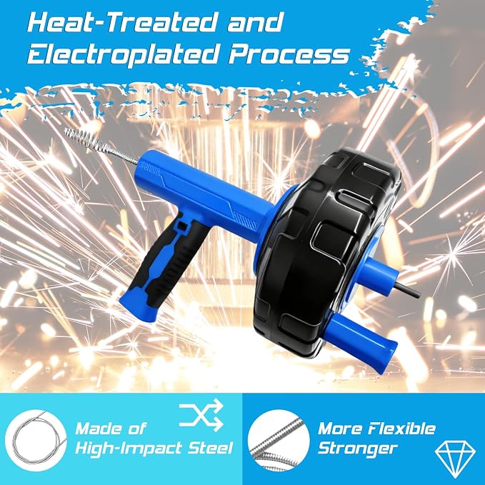 25FT Auto Feed Drain Snake Auger Drill or Manual Hair Clog Remover | 25FT flexible drain snake with auto feed retract, supports drill or manual use, for bathroom sink shower hair clog removal