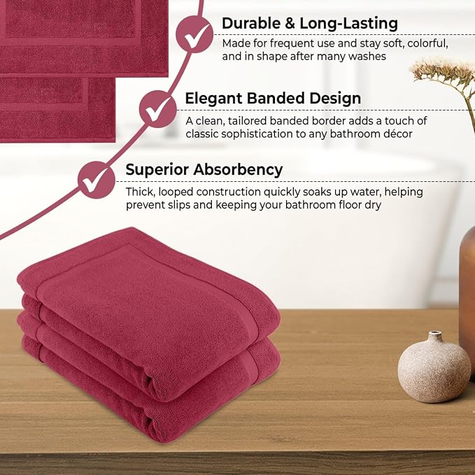 KAHAF COLLECTION Bath Mat Floor Towel Set - Absorbent Cotton Hotel Spa Shower/Bathtub Mats [Not a Bathroom Rug] (Burgandy, 2 Pack (16"x24"))