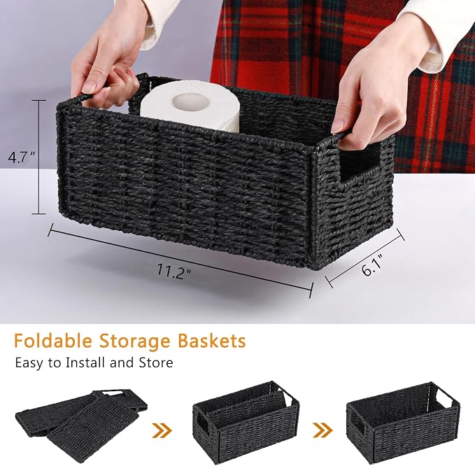 Wicker Storage Basket, Set of 2 Hand-Woven Paper Rope Wicker Basket, Small Storage Baskets for Organizing Toilet Paper Basket, Foldable Large Cube Storage Organizer Bins for Shelves (Black)