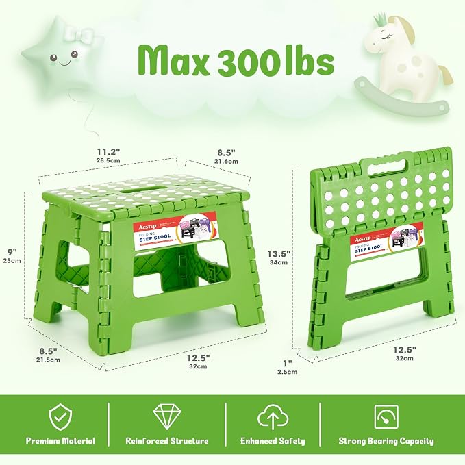 Folding Step Stool 9 Inch for Kids and Adults, 300 lbs, Green | Lightweight Plastic Small Foldable Step Stool with Handle, Non-Slip, for Kitchen, Bathroom, Bedroom and Closet
