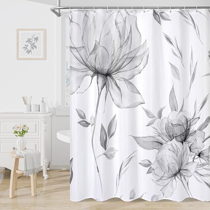 Litabel Grey Boho Watercolor Floral Shower Curtain, Ink Painting Style Blossom & Leaf Shower Curtains for Chic Elegant Bathroom, Artistic Fabric Cloth Flower Shower Curtain, 72x72