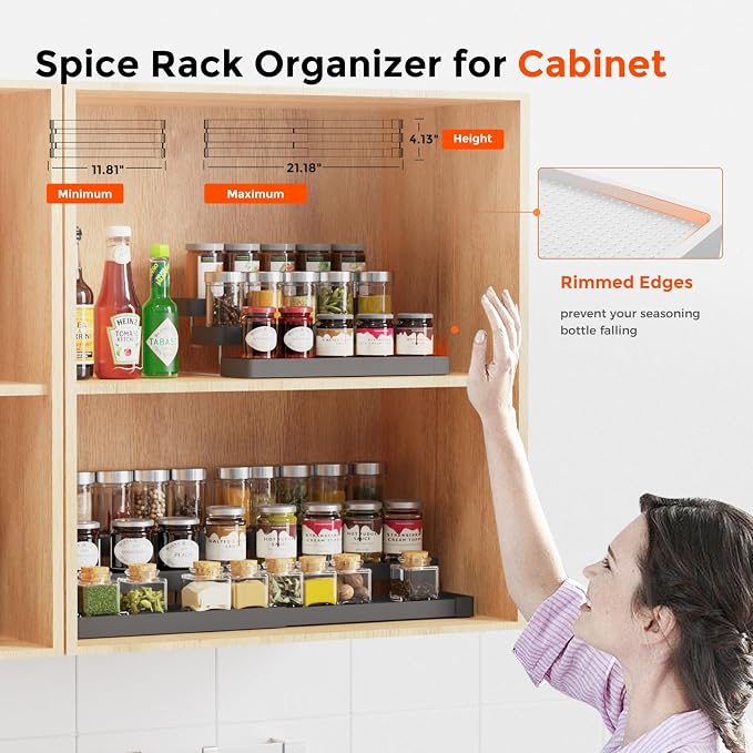 Expandable Spice Rack Organizer - 3 Tier Adjustable Spice Organizer for Cabinet & Countertop - Easy Visibility - Black