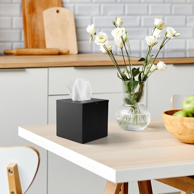 JunSun Square Tissue Box Cover Tissue Box Holder Napkin Holder Tissue Cube Box Decorative Holder for Bathroom Bedroom Office Dresser Nightstand Desk Tabletop 5"X 5" X 5"-Stainless Steel Matte Black