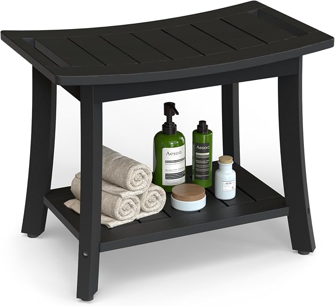 HIPS Shower Bench Inside Shower Stool with Storage Shelf, Waterproof Spa Bath Chair for Bathroom, Seat or Organizer for Living Room, Bedroom - Great for All Ages Unisex Elderly (Large, Black)