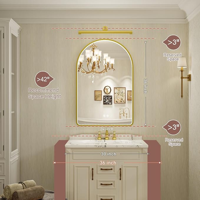 24X36 Inch Gold Framed Arched LED Lighted Bathroom Mirror,3 Color | ETL Listed,Anti-Fog,3000K/4500K/6000K Dimmable,Horizontal & Vertical,Wall Mounted,Memory Function,Ideal for Bathroom,Vanity