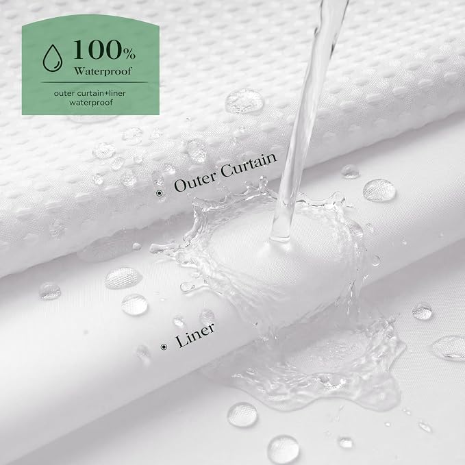 White Hook Free Waffle Shower Curtain & Snap-in Fabric Liner,72x87 | Less Time to install, 3 in 1 Fabric Shower Curtain and Liner Set with Magnets, Extra Long, Shower Curtains for Bathroom