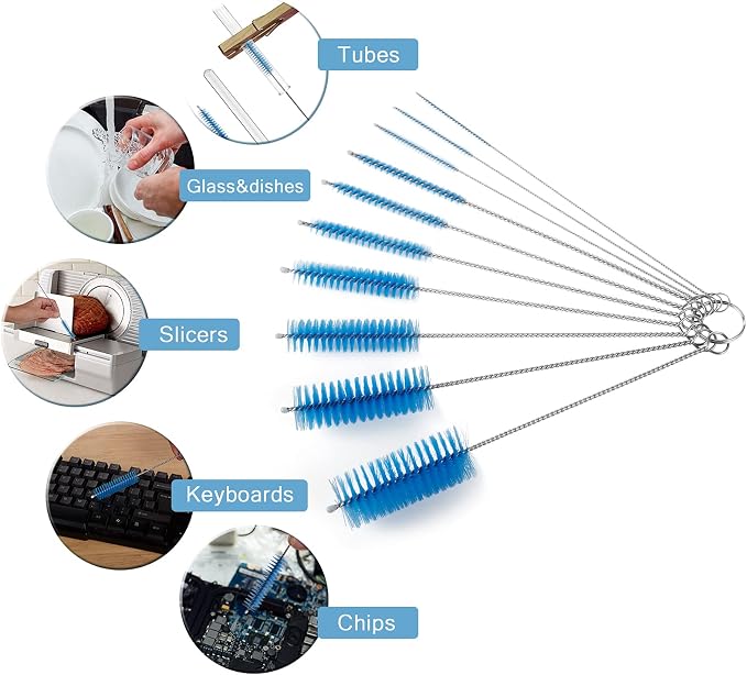 CiaraQ Bottle Cleaning Brushes, 8 Inch Nylon Tube Brush Set | Blue Cleaner for Narrow Neck Bottles Cups with Hook, Set of 10pcs.